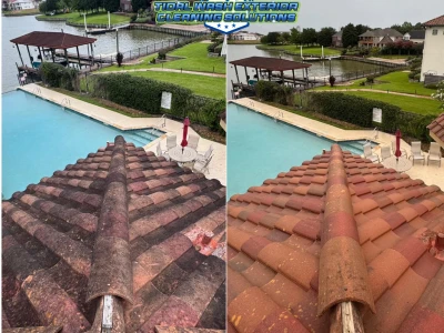 Clay tile roof cleaned of organic growth and restored to natural color in League City