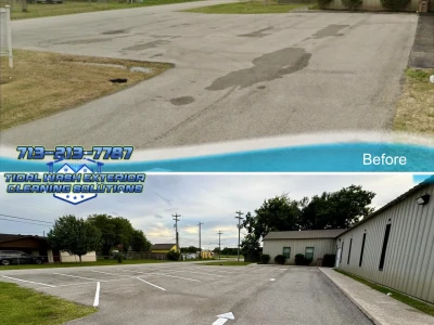 Front view showing before and after of parking lot striping at James Temple Church, Dickinson TX
