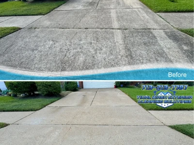 Full angle view of driveway pressure washing results showing bright clean concrete after HOA citation