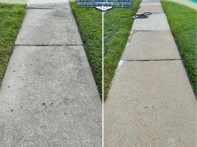 Before and after concrete sidewalk cleaning in Pasadena TX, removing heavy organic buildup in front of house