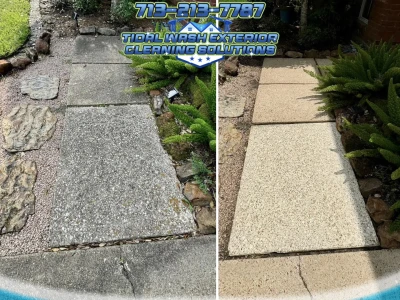 Front entry sidewalk cleaned with eco-friendly pressure washing in Pasadena TX
