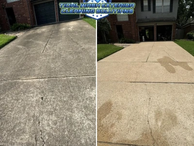 Full concrete driveway cleaning in Pasadena TX showing total grime and oil removal results