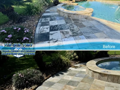 Closeup of pool deck tiles cleaned to remove algae and dirt near pool entry in Magnolia Creek