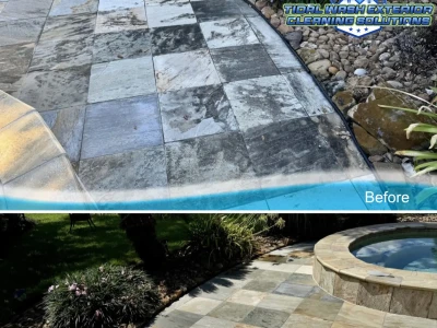 Wide-angle photo showing full poolside tile cleaning results in League City project