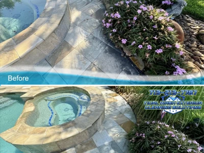 Poolside tile in Magnolia Creek fully cleaned and restored after organic growth removal