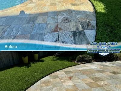 Poolside tile before and after surface cleaning showing organic buildup removal in League City