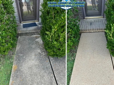 Side-by-side photo of cleaned concrete walkway and brick entry porch in Pearland TX