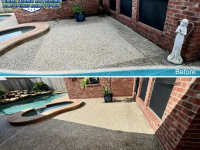 Pool deck concrete coating cleaned with softwash before and after view in Pasadena TX home