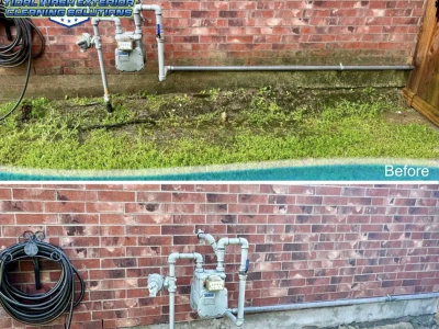 Side-by-side before and after of lower brick and concrete slab cleaned in Pasadena TX home