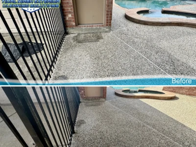 Concrete driveway leading into pool deck cleaned before and after in Pasadena TX