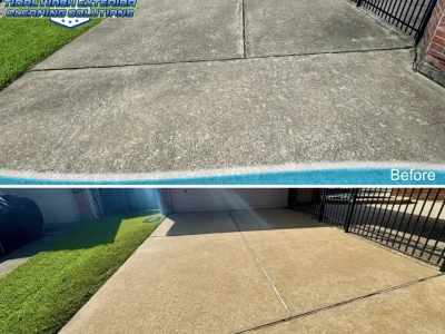 Concrete driveway in Village Grove East cleaned before and after to remove stains and brighten surface