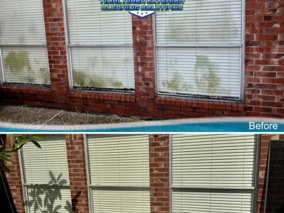 Before and after of window clean with brick trim and concrete slab in Village Grove East Pasadena TX