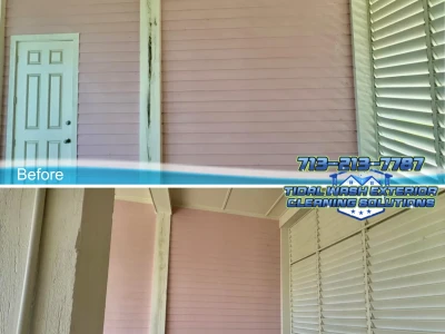 Side-by-side softwash results on a Hardie board exterior wall in Galveston