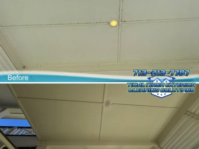  Side-by-side softwash results on Hardie board ceiling at a Galveston beach house