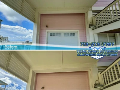 Before and after softwash above the garage door and on the garage door in Galveston