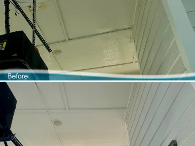 Galveston patio ceiling Hardie board softwash before and after, webs and debris removed